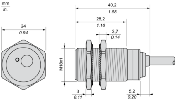 Induktiv tilstedeværelsesensor XS, induktiv sensor XS1 M18, L39mm, messing, Sn10mm, 12...24 VDC, kabel 2 m