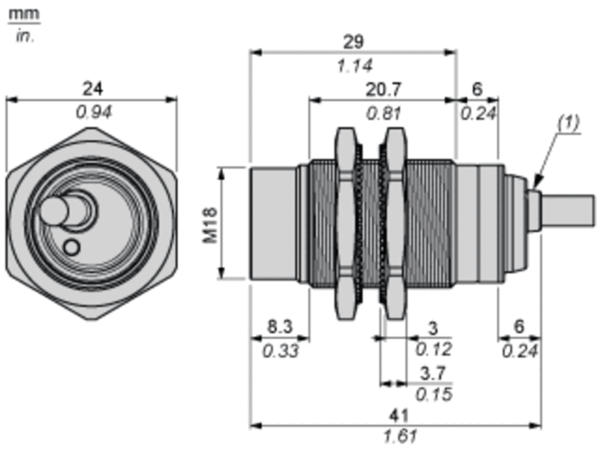 Induktiv tilstedeværelsesensor XS, induktiv sensor XS2 M18, L41 mm, messing, Sn16 mm, 12...24 VDC, kabel 2 m