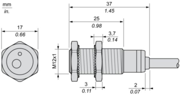 Induktiv tilstedeværelsesensor XS, induktiv sensor XS6 M12, L37mm, messing, Sn4mm, 12...24 VDC, kabel 2 m