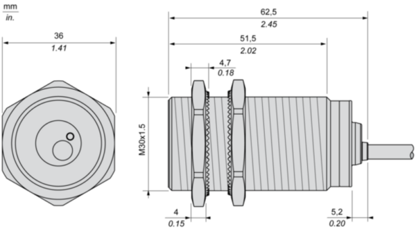 Induktiv tilstedeværelsesensor XS, induktiv sensor XS6 M30, L62mm, messing, Sn15mm, 24...240VAC/DC, kabel 2 m