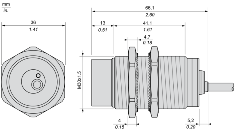 Induktiv tilstedeværelsesensor XS, induktiv sensor XS6 M30, L66 mm, messing, Sn22 mm, 24...240 VAC/DC, kabel 2 m - Bilde 5