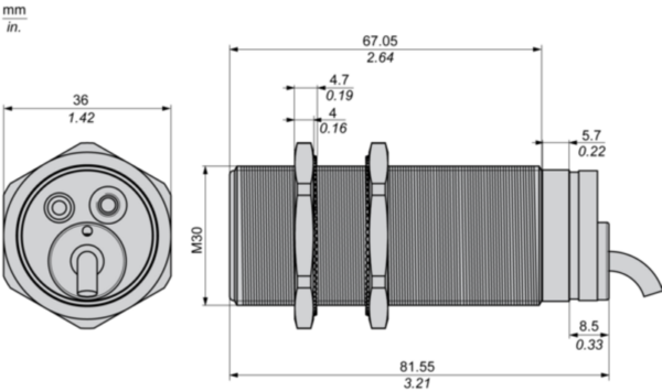Induktiv tilstedeværelsesensor XS, rotasjonsovervåking, M30, Sn10mm, 6...150c/mn, 12...48 VDC, kabel 2 m