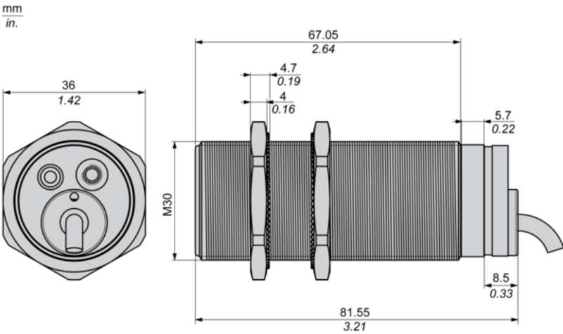 Induktiv tilstedeværelsesensor XS, rotasjonsovervåking, M30, Sn10mm, 120...3000c/mn, 24...240VAC/DC, kabel 2 m - Bilde 3