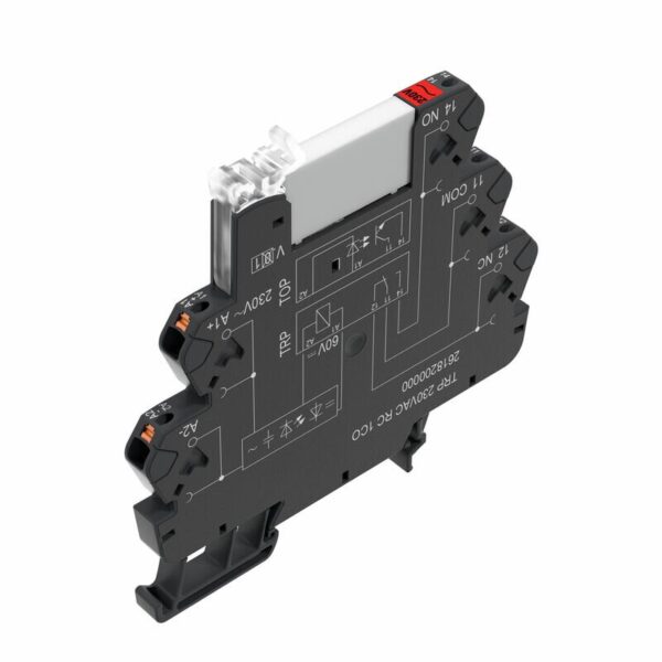 Mekanisk relle, Kontrollspenning:5-230V UC coil. Ut: 1CO, 6A, Push-IN