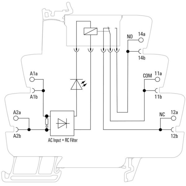 Mekanisk relle, Kontrollspenning:5-230V UC coil. Ut: 1CO, 6A, Push-IN